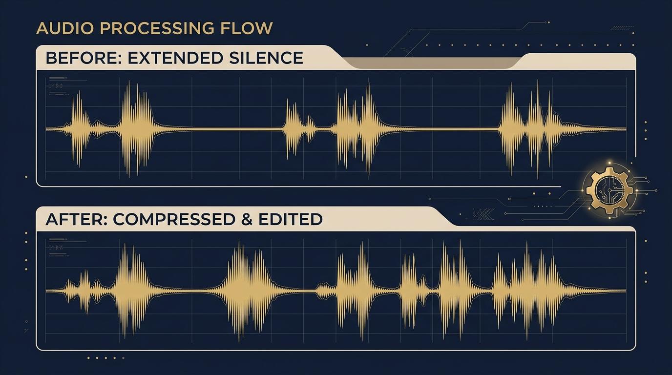 Before and after waveforms showing silence removed and audio compressed for API prep