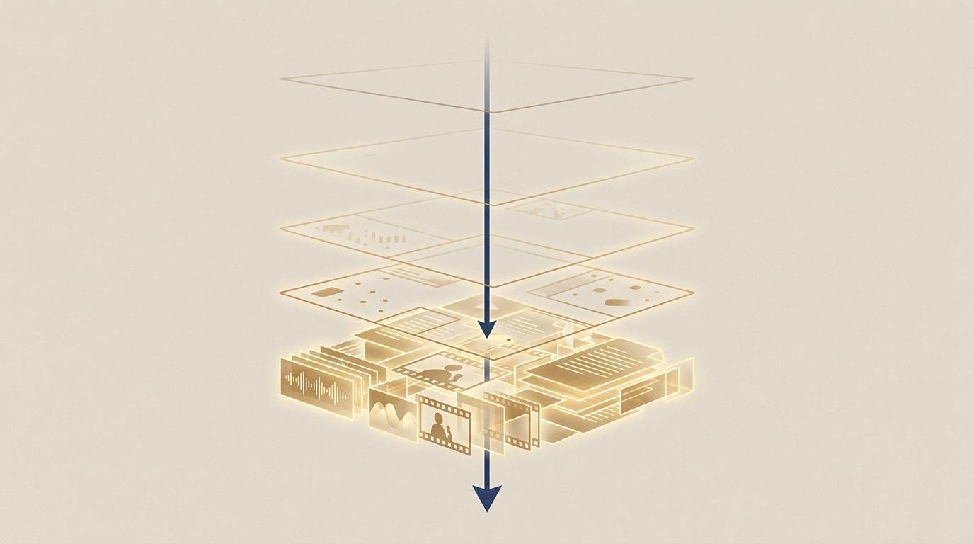 Layered archive of video, audio, and documents with a one-way arrow showing irreversible compression