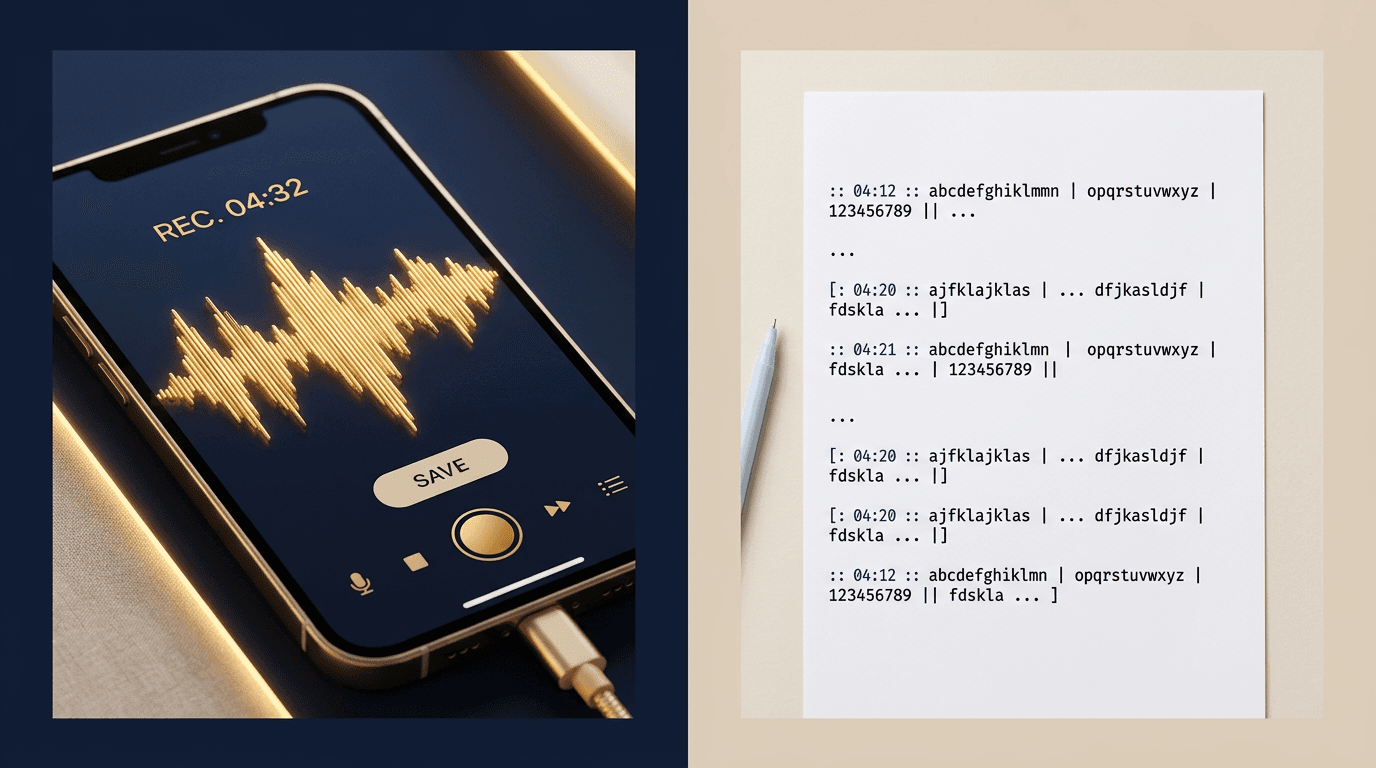 Smartphone voice memo with audio waveform beside a printed transcript on paper