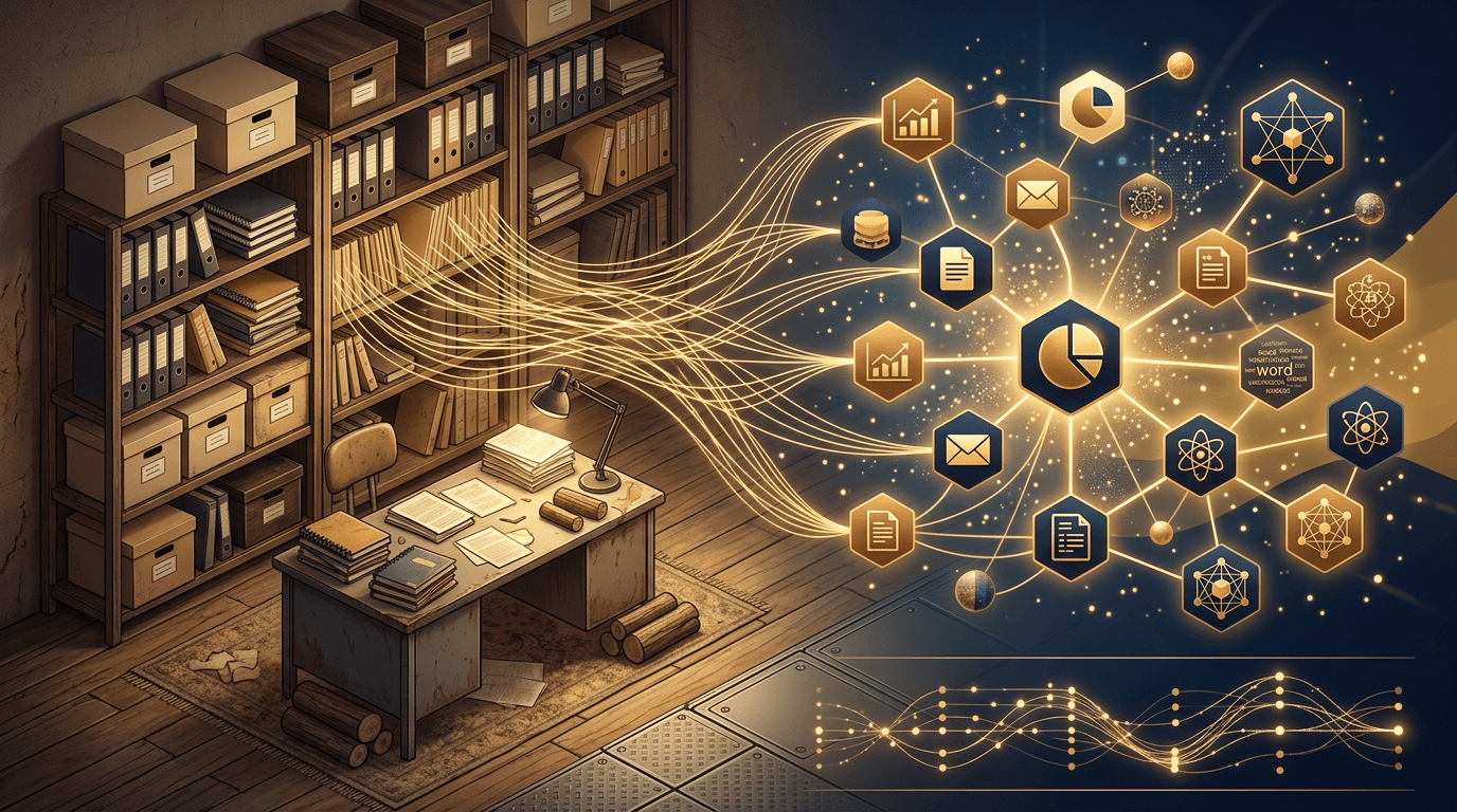 Archive room connected by golden threads to a glowing knowledge graph of business data